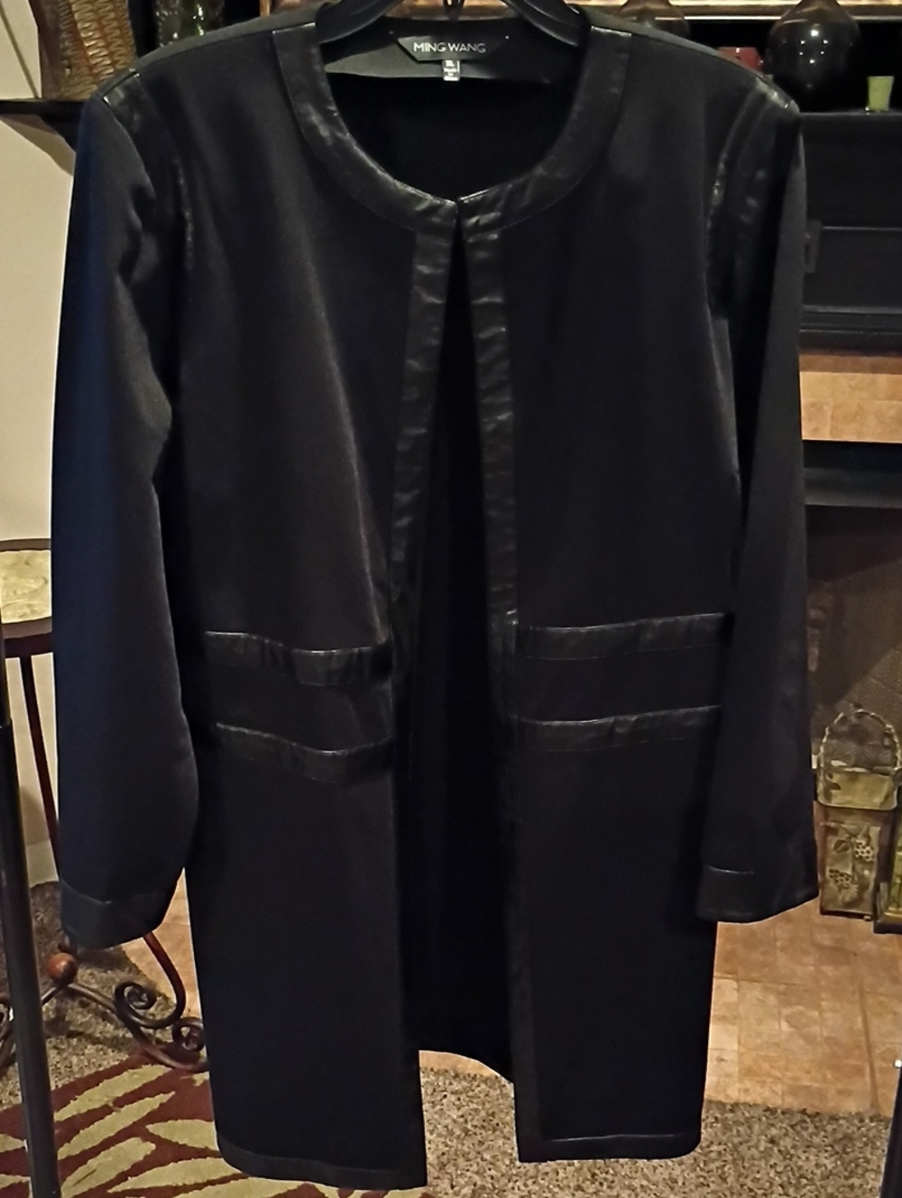 Ming Wang Rayon Blend Black Jacket/Coat with Banded Leather Trim & Side Slits - Picture 4 of 13